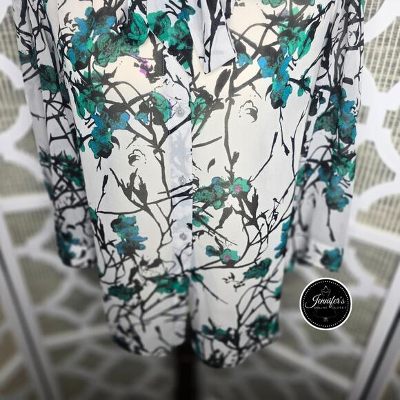 3/$30 LOFT Gray Semi-Sheer Abstract Floral Watercolor Tie Neck Blouse Size M - Picture 6 of 14
